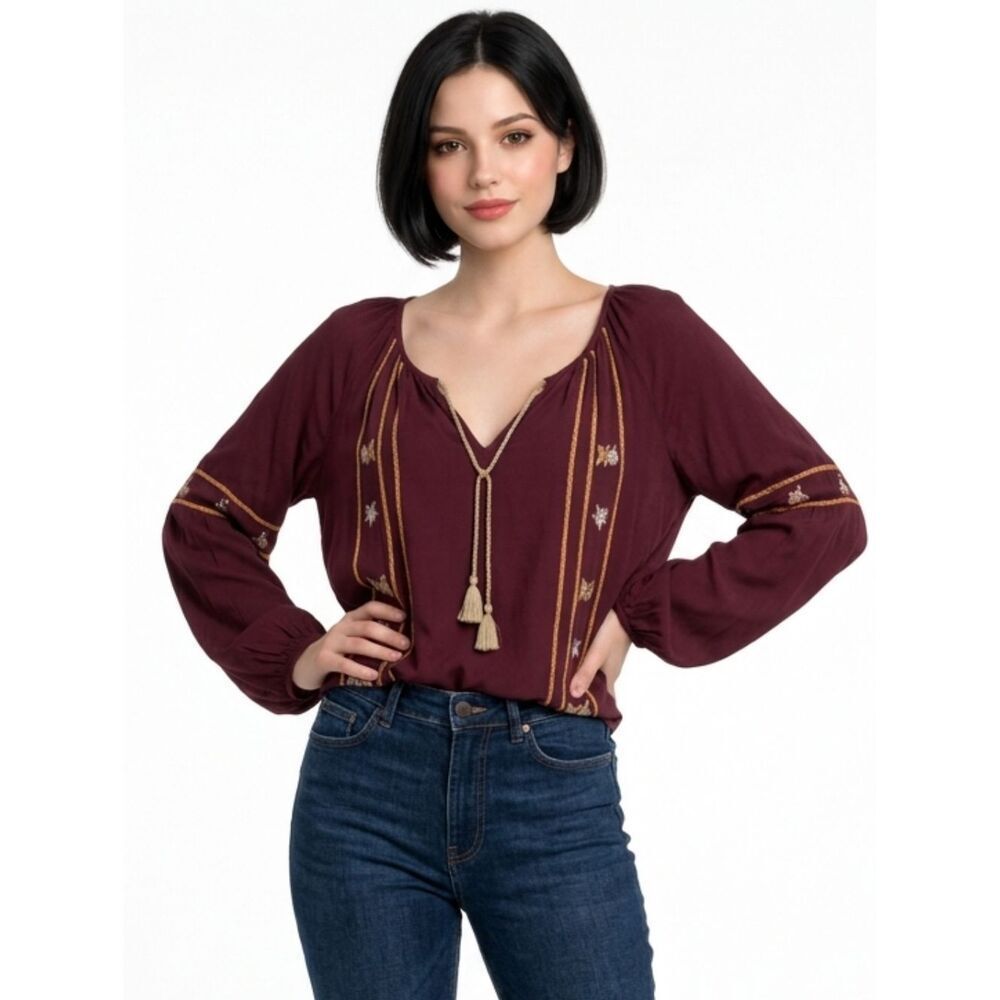Hippie Laundry Maroon Embroidered Split Neck Ballon Sleeve Pheasant Blouse M
